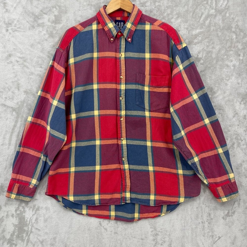 Gap Vintage Red Blue Plaid 100% Cotton Long Sleeve Button Front Shirt - Picture 1 of 10
